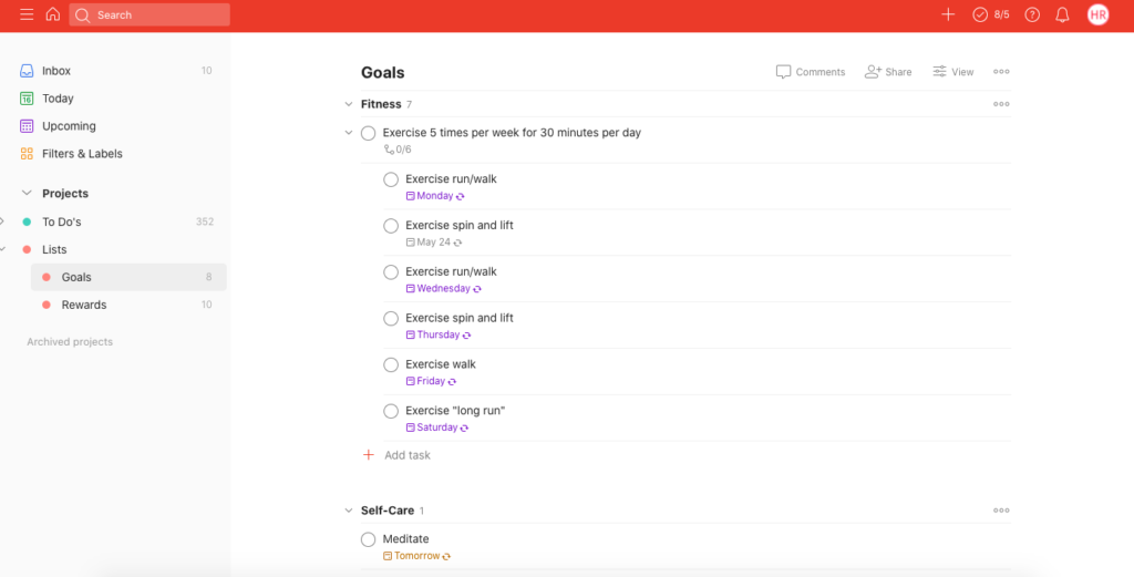 Screen shot of Todoist showing goals