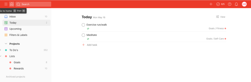 Screenshot showing "Today" view of Todoist